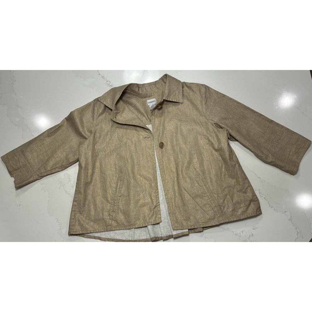 Chicos Gold Jacket Button Front Pleat Back 3/4 Sleeve Sz 2 (12/14)